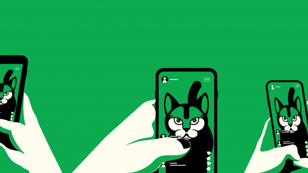 Illustration showing several smartphones live streaming the same image of a cat 
