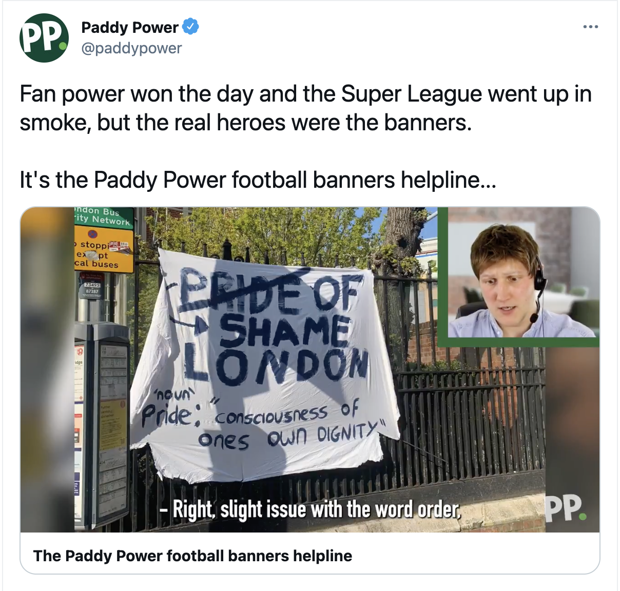 Screenshot of the Paddy Power Twitter video 