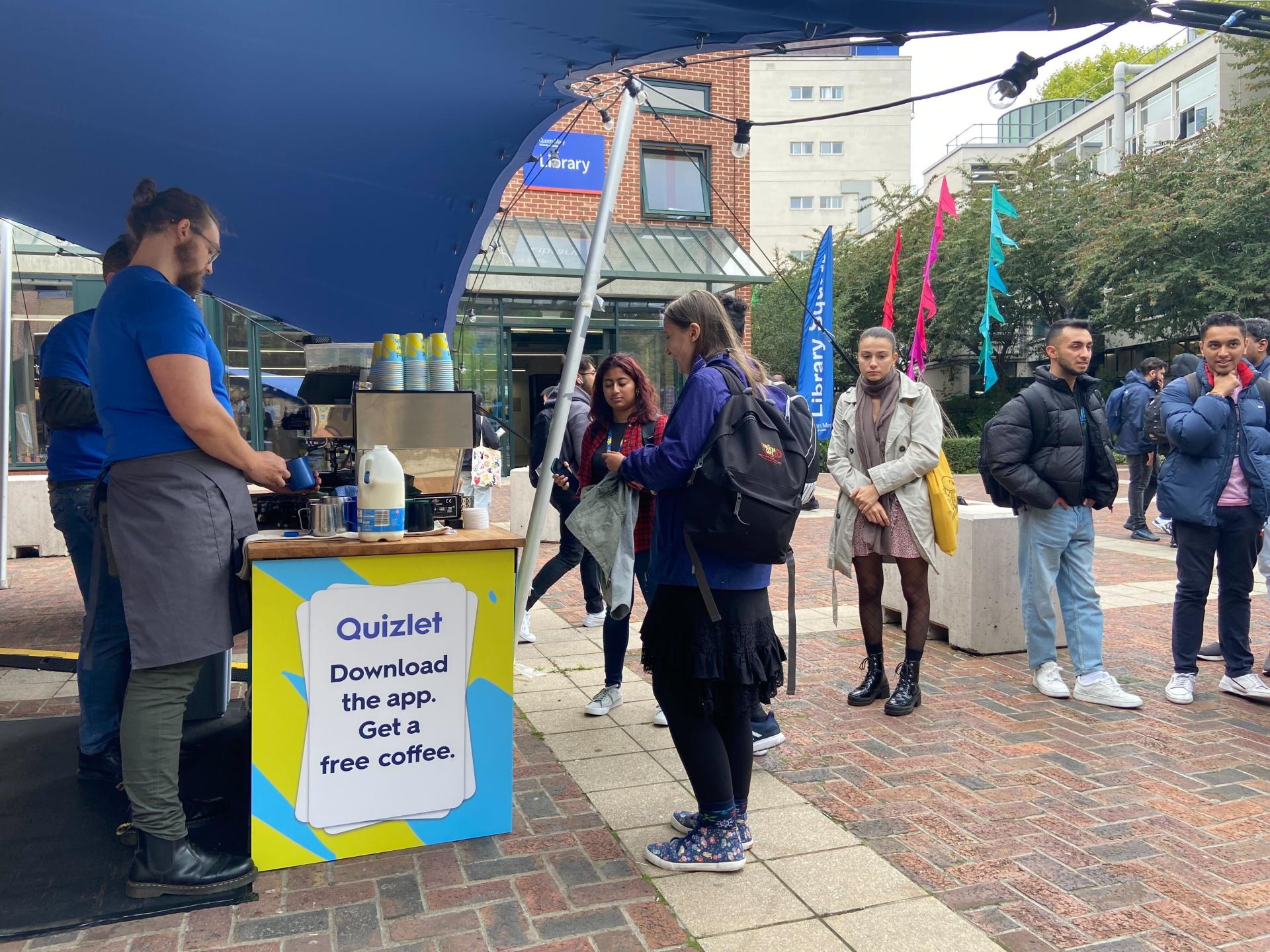Students queuing up for the Quizlet OOH coffee stand
