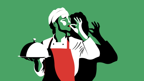 white and red illustration of a chef on a green background